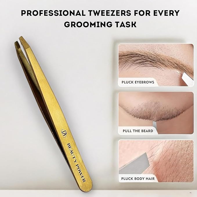 Professional Tweezers in Case - Slant, Durable Lightweight German Stainless Steel, Ultra Precision Tweezers for Eyebrows, Facial Hair, Chin, and Ingrown Hair Removal - Gift (Gold)