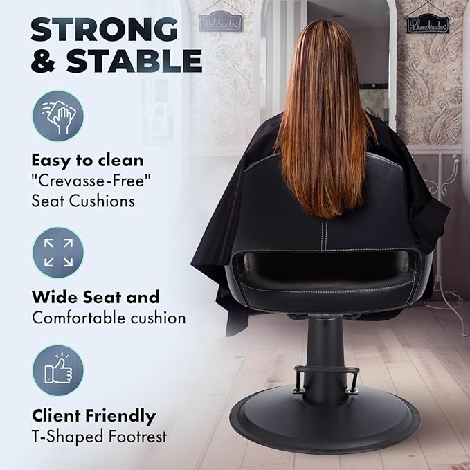 Buy-Rite Luna Noir Styling Chair for Professional Salons & Barbers, Durable Black Metal Armrests, Intricate Stitch Pattern, YLG-356-BLK (Black Standard Base)