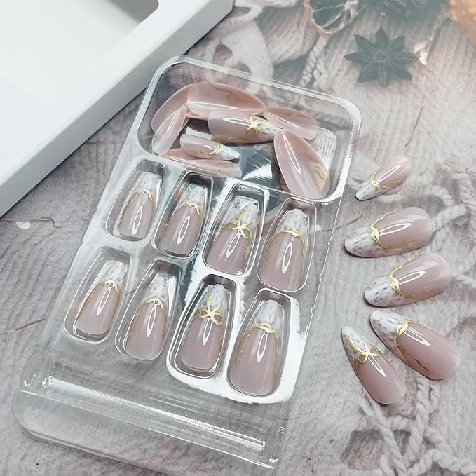 White French Tip Press on Nails Short Almond Fake Nails 3D Gold Chrome Bow Designs Glossy French False Nails Full Cover Acrylic Stick on Nails Artificial Glue on Nails for Women 24 Pcs