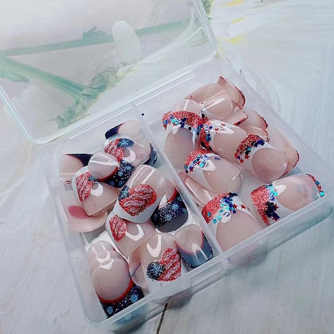 48Pcs Independence Press on Nails Short Square Fake Nails Kit 4th of July with Red White Stripes Star Sequin Glitter Design,Glossy False Nails American Flag Press on Patriotic Stick on Nail for Women