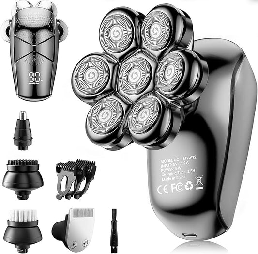 Detachable Head Shavers, SHPAVVER 5 in 1 Electric Razor IPX7 Waterproof for Bald Men, Wet Dry LED Display Rechargeable 7D Rotary Shaver Grooming Kit with Type C Charge A，Gray Black