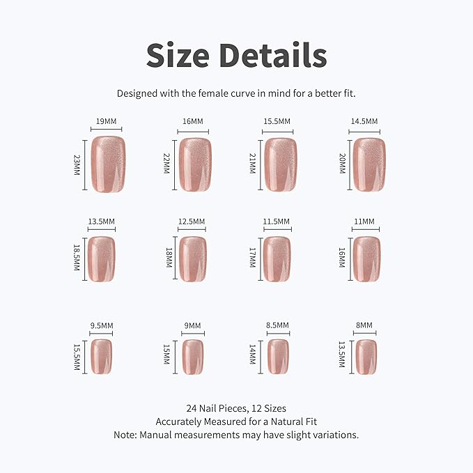 Brown Glossy Cat Eye Press-On Nails, 12 Shapes, 24-Piece Set with Stick, Glue, Alcohol Pad, Nail File, Reusable and Durable for Daily Wear and Special Occasions