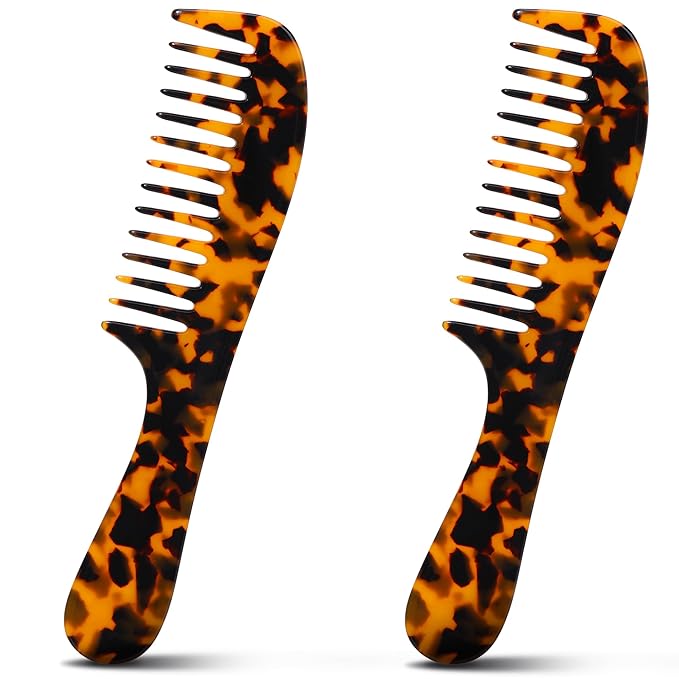 Fsmiling Wide Tooth Comb Large Detangling Comb Cellulose Detangler Comb for Women Thick Curly Wavy Wet Dry Hair 2 Pack,Tortoise shell