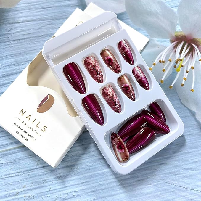 Flower Press on Nails Almond Medium Pink Floral Pattern Design Rose Red Acrylic False Nail Full Cover Glossy Blossom Artificial Fingernails DIY Reusable Press Ons Stick on Nails for Women