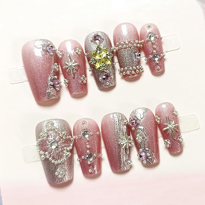 10Pcs Christmas Press on Nails Long Square Handmade Fake Nails with 3D Snowflake Star Gems Design Pink Glitter False Nails Xmas Stick on Nail Winter Glue on Nails Full Cover Artificial Nail for Women