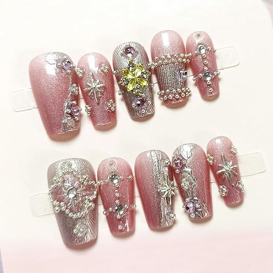 10Pcs Christmas Press on Nails Long Square Handmade Fake Nails with 3D Snowflake Star Gems Design Pink Glitter False Nails Xmas Stick on Nail Winter Glue on Nails Full Cover Artificial Nail for Women