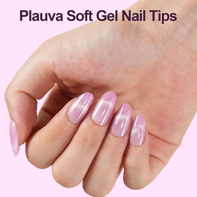 150Pcs Cat Eye Press on Nails, Plauva Short Oval Fake Nails, Glossy Glitter Cat Eye Nail Tips, Soft Gel Stick On Nails for Women and Girls 15 Sizes