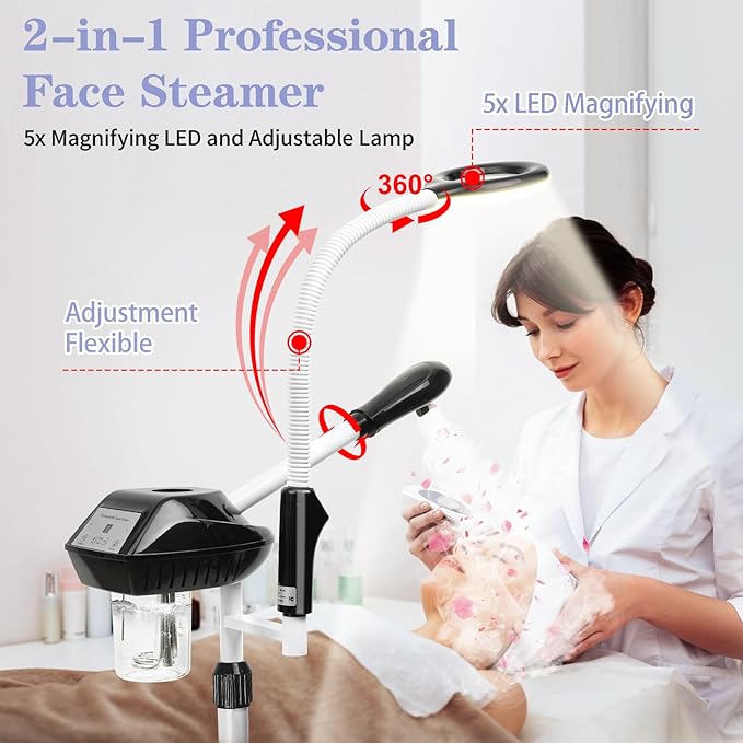 Professional Facial Steamer, 2 in 1 Face Steamer on Wheels, with 5X Magnifying Lamp, Facial Steamer with Time Setting, Stand Face Steamer Adjustable Height for Spa, Salon and at Home use