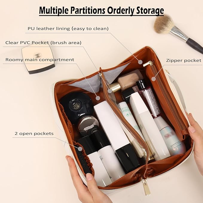 IMCUZUR Travel Makeup Bag Large Cosmetic Bag for Women, Open Flat Make up Bag Portable Skincare Bag with Handle (White)