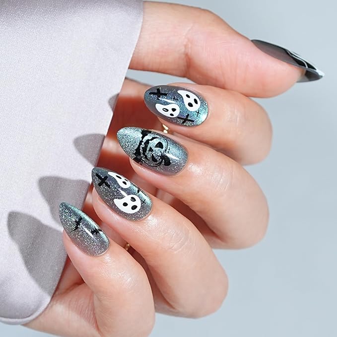 Halloween Press On Nails Short Almond - Haunted Harvest, Green Cat Eye Halloween Nails, Acrylic Square Halloween Fake Nails with Nail Glue, Stick On Nails in 16 Sizes - 32 PCS Soft Gel Kit