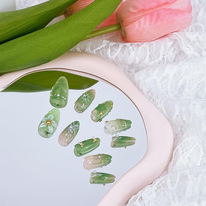 30pcs Green Press on Nails Medium Almond Fake Nails With 3D Flower Pearl Rhinestone Design Gold Beads Butterfly False Nails Star Glue on Nails 3D Summer Floral Full Cover Stick on Nails for Women