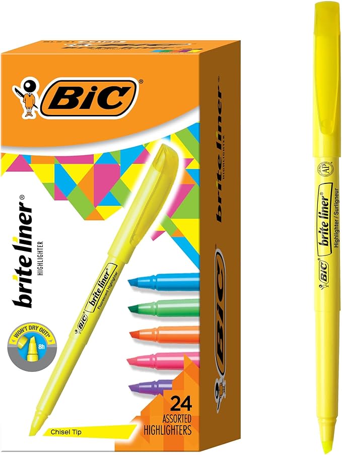 BIC Brite Liner Highlighters with Chisel Tip for Broad and Fine Lines, 24-Count Pack in Assorted Colors