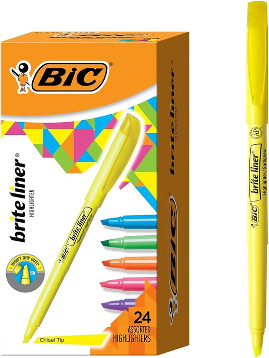 BIC Brite Liner Highlighters with Chisel Tip for Broad and Fine Lines, 24-Count Pack in Assorted Colors