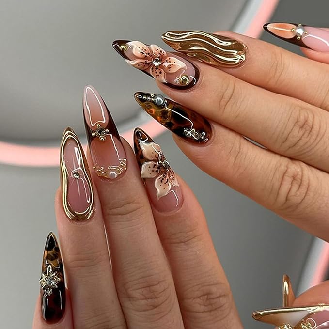 24Pcs 3D Flower Press on Nails Almond Medium Fake Nails Brown Glue on Nails Gold Texture Embossed Leopard Flower Acrylic Nails Press ons False Nail Rhinestones Pearl French Stick on Nails for Women