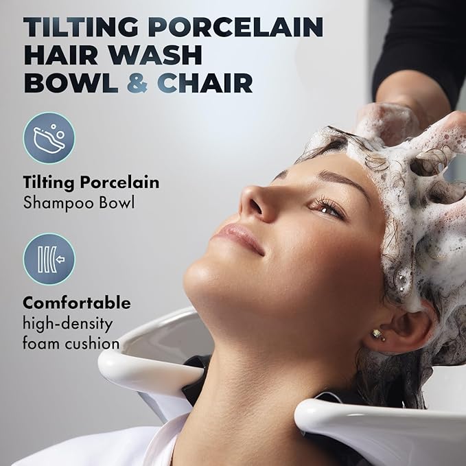 Buy-Rite Lexus Backwash Unit - Professional Salon Shampoo Chair w/Tilting Porcelain Bowl, Wide Seat, Kick-Out Legrest, Single Handle Faucet & Neck Rest – Sand Vinyl w/White Bowl, TS-8018B