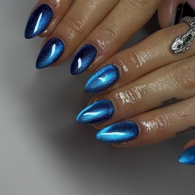 KQueenest Press On Nails Short - Vibrant Royal Blue Press On Nails Almond Shape, Glitter Cat Eye Fake Nails with Nail Glue, Reusable Cute Bright Gel Glue On Nails with Color-Shifting Glow, 30 Pcs