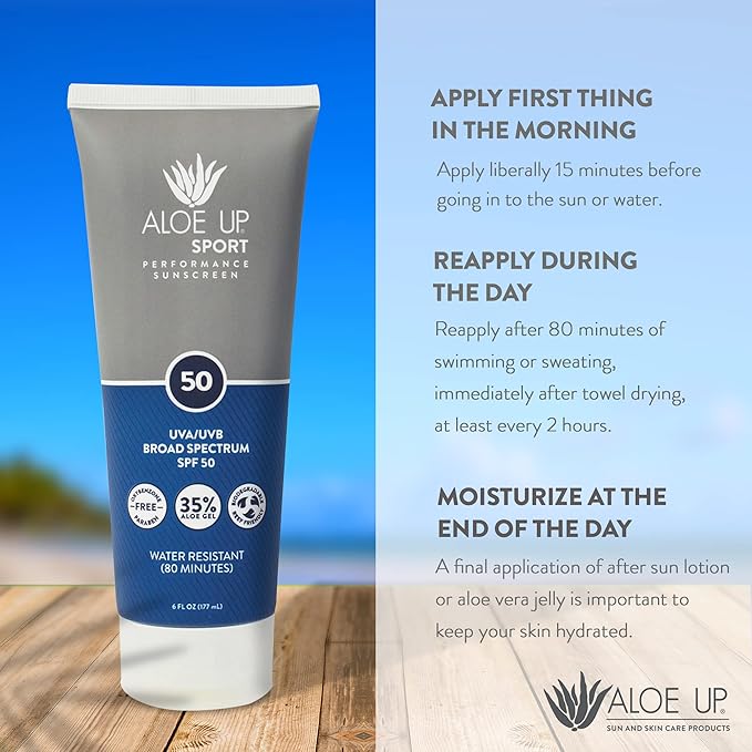Aloe Up Sport Sunscreen Lotion SPF 50 - Broad Spectrum UVA/UVB Sunscreen Protector for Face and Body - With Hydrating Aloe Vera Gel - Non-Greasy - No White Cast - Reef Safe - Fragrance-Free - 6 Oz.