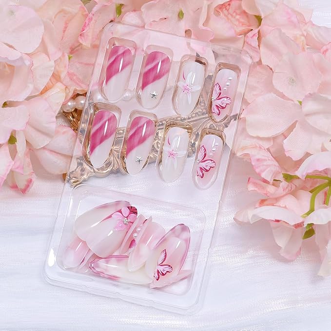 24Pcs Pink Flower Press on Nails Medium Long Almond Fake Nails 3D Flower Acrylic Nails Silver Beads Starfish Gem Spring Summer Glue on Nail Pink French Tip False Nails Cute Stick on Nail for Women