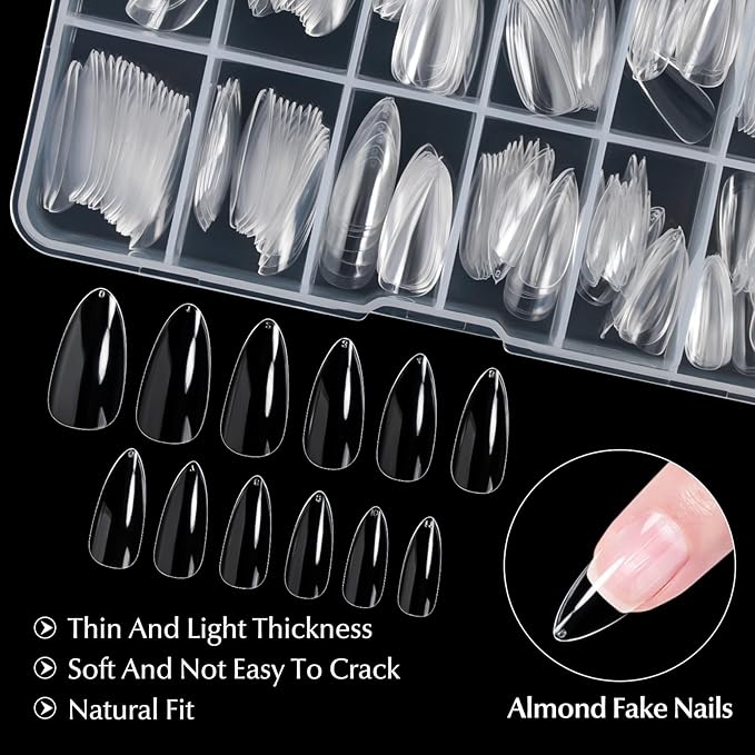 krofaue Short Almond Nails Tips 240Pcs 12 Sizes- Soft Gel Clear No Crease Pre-shape Oval Artificial Acrylic False Full Cover Press on Nails for Extension Home DIY Art