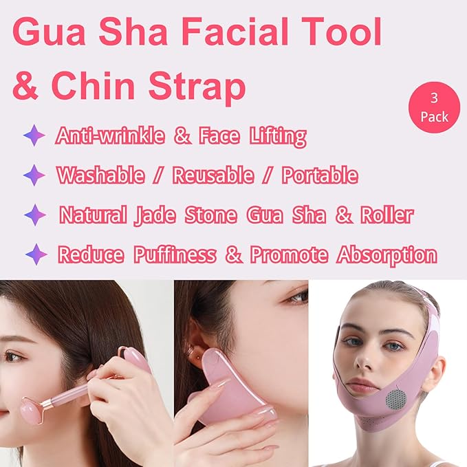 Gua Sha Facial Tools - Jade Roller for Face Beauty Gift Sets Reduces Puffiness, Sleep Mask, Face Lifting Double Chin Strap, Skin Care Massage Self Care Gift for Women