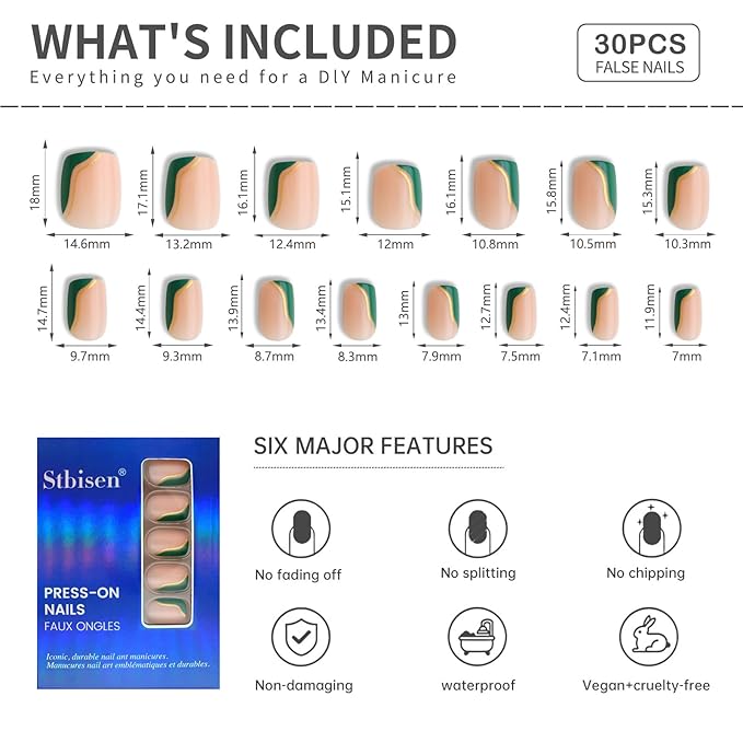 Fall Press On Nails Short Square Nude Fake Nails Green with Gold Stripes Fake Nails Fashion Glossy Acrylic Press ons Nail Gel Stick On Nails Set Glue on Nails for Women & Girls 30Pcs