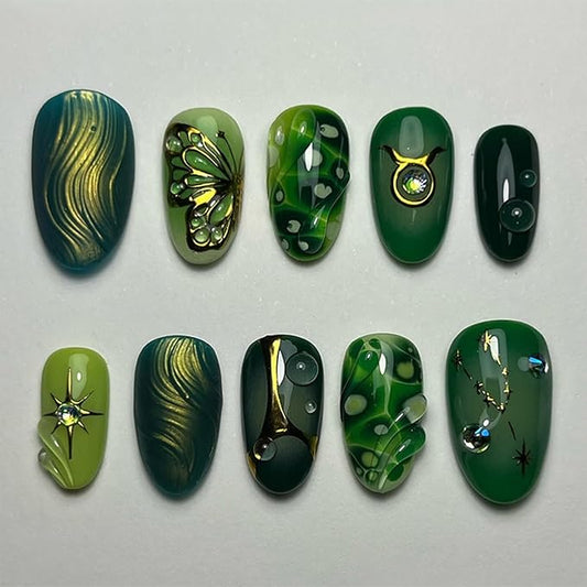 IMRAIN Press on Nails Medium Almond Fake Nails Green Ombre False Nails with Golden Butterfly Designs Full Cover Glossy Stick on Nails for Women Acrylic Nail Decorations Glue on Nails
