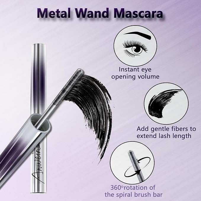 Iron Wand Mascara, Upgrade Black Washable Metal Mascara Wand, Added Fiber for 3D Curling Volume and Length, Waterproof Long Lasting, Smudge-Proof, No Flaking Makeup (1 Pcs)