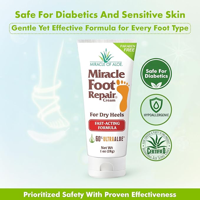 Miracle Foot Repair Cream (1 oz / 12 Pack) Repairs Dry Cracked Heels and Feet, 60% Pure Ultra Aloe Moisturizes, Softens, and Repairs