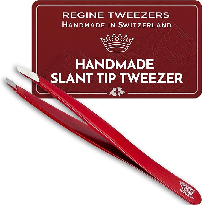 Slant Tweezer - Handmade in Switzerland - Professional Eyebrow & Facial Hair Remover - Etched Interior Grabs Hair from The Root - Perfectly Aligned Tips - Stainless Steel, Red