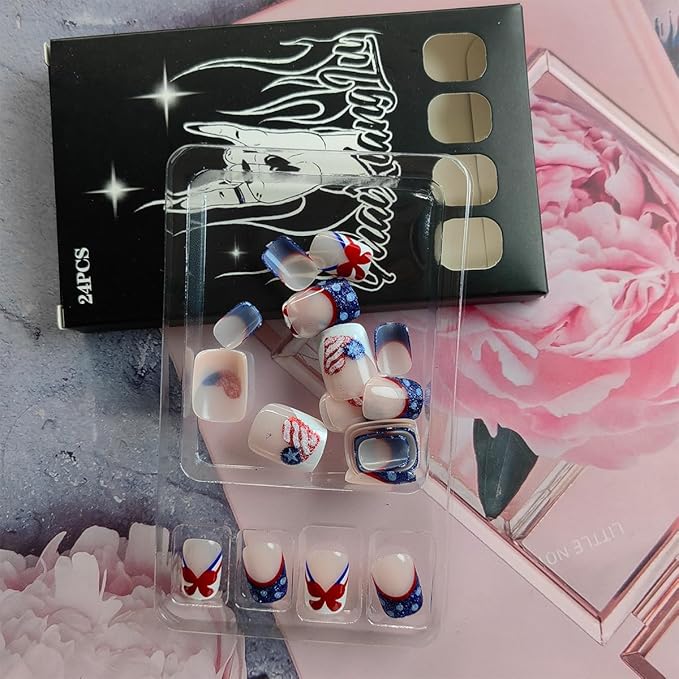 24Pcs Independence Day Press on Nails Short French Tip Fake Nails 4th of July Glue on Nails Glitter Heart American Flag Acrylic Nails Bow Nails Tip Cute False Nails Patriotic Stick on Artificial Nails