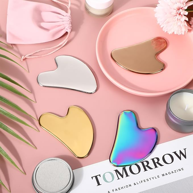 Demissle 4 Pcs 304 Stainless Steel Gua Sha Facial Tools Metal Guasha Tool for Face Tighten Skin Massage Beauty Tool for Women Body Eyes Neck Leg Arm