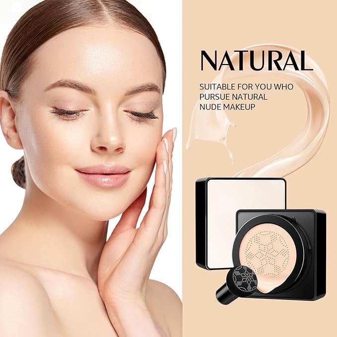 Air Cushion CC Cream Mushroom Head - Moisturizing Screw Lid Concealer Makeup Base Create Long-Lasting & Waterproof Makeup, Cushion Foundation Full Coverage for All Skin Types (Natural)
