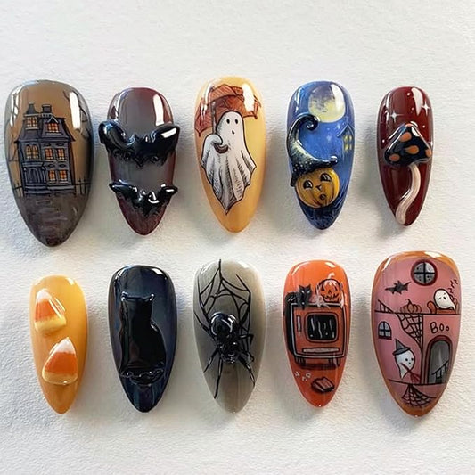 30pcs Halloween Press on Nails Medium Almond Fake Nails with 3D Spider Bat Designs Castle Black Horror Cat Pumpkin Ghost False Nails Kit Halloween Acrylic Nail Tips Full Cover Stick on Nails for Women