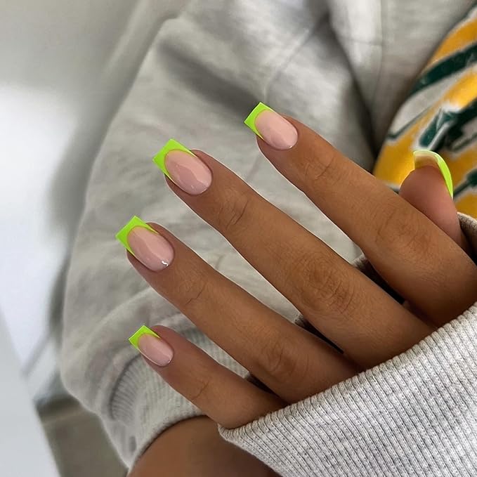 30Pcs Neon Green French Tip Press on Nails Short Square Nails Press ons, Short Fake Nails Coffin Acrylic French Glue on Nail False for Women, Natural15 Sizes