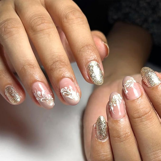 Fall White Press on Nails Short Almond False Nails With Gold Glitter Design Full Cover Glue on Nail Reusable Gold Acrylic Fake Nails Glossy Artificial Stick on Nail for Women