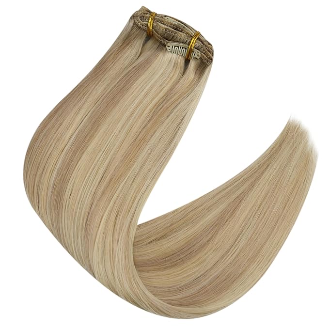 Full Shine Clip in Hair Extensions Human Hair Butter Blonde Highlights Platinum Blonde Clip in Human Hair Extensions Double Weft 7 Pcs 120 G 14 Inch