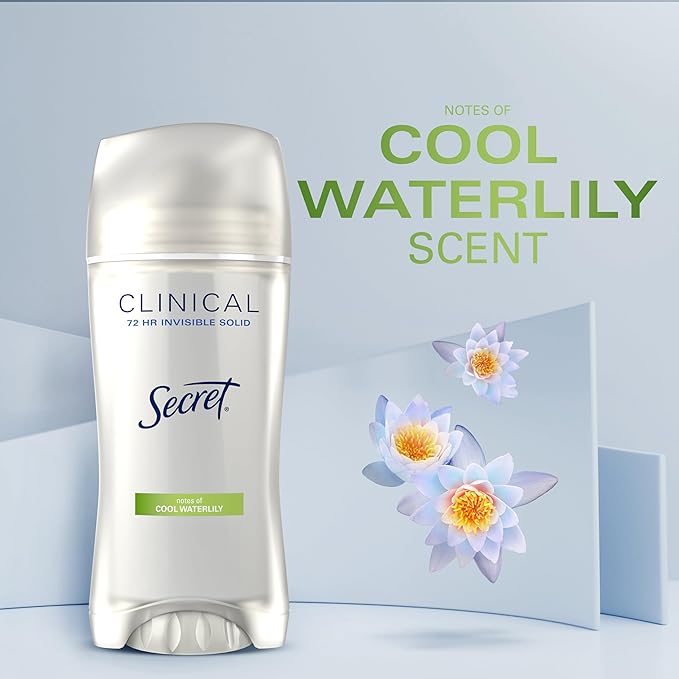 Secret Clinical Strength Antiperspirant Deodorant for Women, 3X Stress Protection, 72hr Sweat & Odor Protection, PH Balancing Minerals, Invisible Solid, Cool Waterlily Scent, 2.6 oz