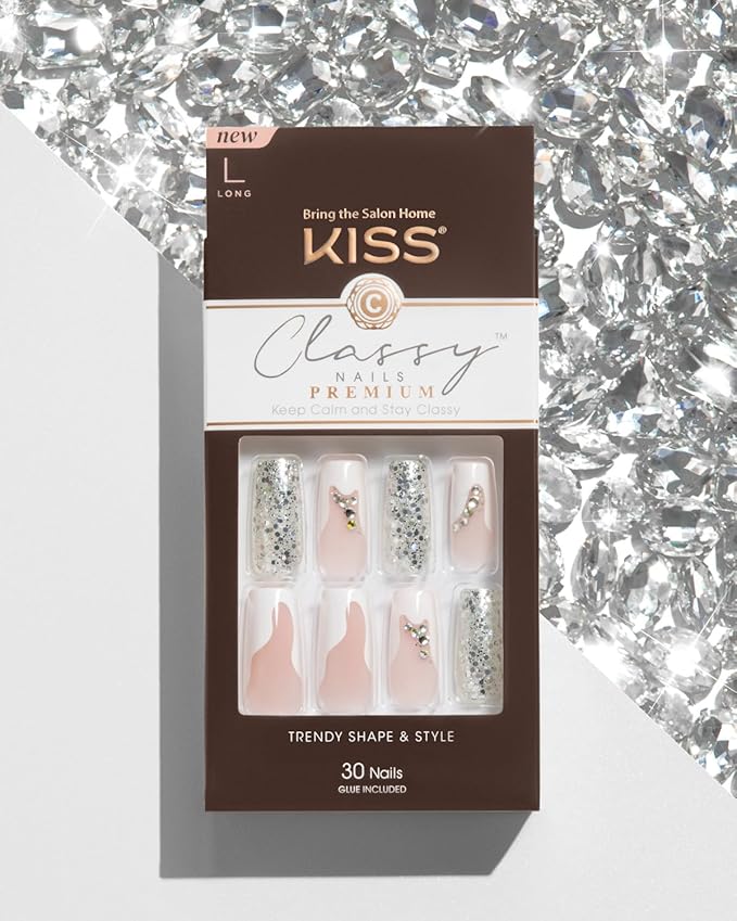 KISS Premium Classy Fake Nails - Stay Modish, Long & Square, Super Glam, Jewel Accents, Waterproof, Smudge Proof, No Dry Time, Durable, Takes Minutes, Quick & Easy | 30 Count