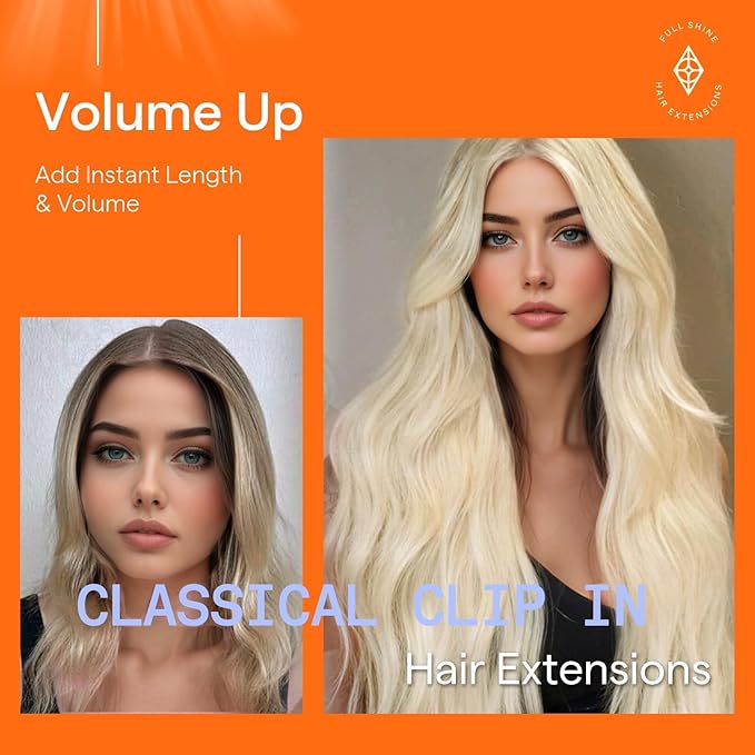 Full Shine Clip on Hair Extensions Human Hair Blonde Human Hair Extensions for Length for The Beach 24 Inch 7 Pcs 120 G