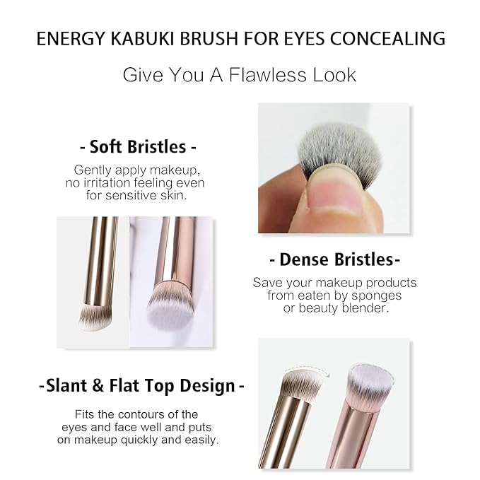 ENERGY Kabuki Brushes Set - Mini Flat Top Kabuki Brush and Slant Concealer Brush Under Eye for Eyebrows Eyeshadow Brushes for Liquid Cream Powder Blending,Stippling,Highlighter and Nose Contour