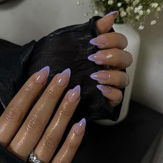 30Pcs Purple French Tip Press ons, Short Almond Nails Acrylic, Natural Stiletto Nails 15 Sizes