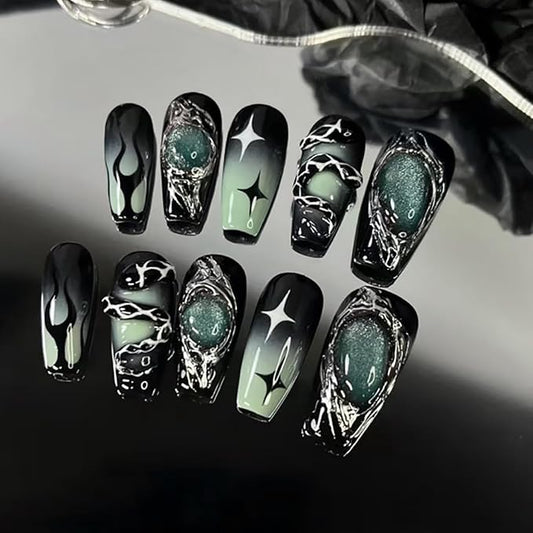 24Pcs Square Press on Nails Medium Punk Fake Nails Green Black Gradient 3D Acrylic Nails Luxury Gems Design Y2k Coffin Glue on Nails Snake Charms False Nails Flame Star Stick on Nails Decoration