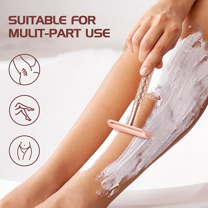 Double Edge Safety Razor for Women Rose Gold with Stand and Silicone Cover - Durable Metal Eco-Friendly Single Blade Safety Razor with 10 Blades- Closed Smooth Shave