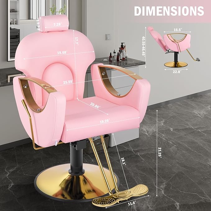Pink Salon Barber Chair, Reclining Salon Hair Chair for Hair Stylist with Heavy Duty Pump, 360° Swivel Multi-Function Braiding Hairdresser Chair for Barbershop Home, Max to 440lbs