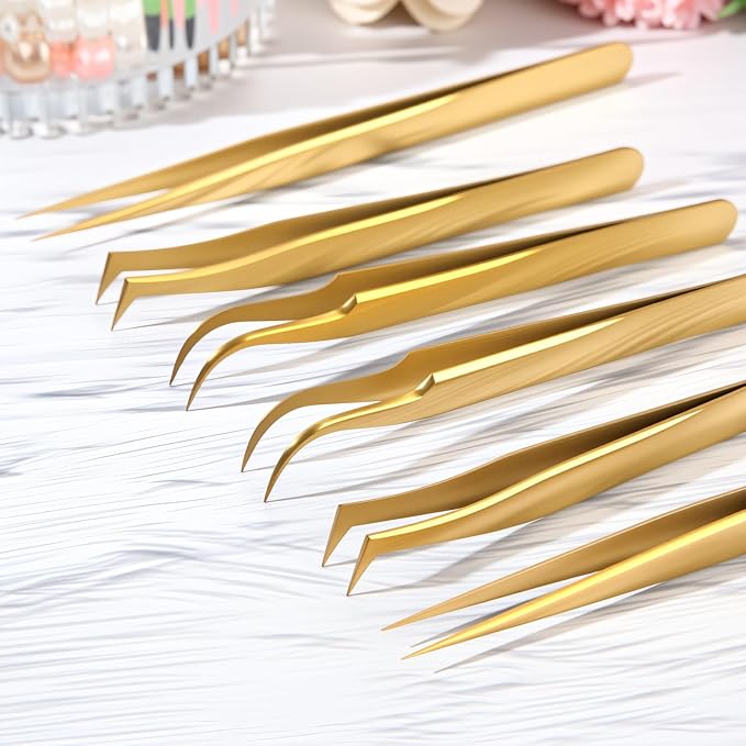 Mudder High Precision Lash Tweezers Set 6 Pack Stainless Steel Eyelash Extension Tweezers for Classic, Volume, Mega Volume Lashes, Facial Hair, Eyebrow, Hair Removal, Crafting Making (Gold)
