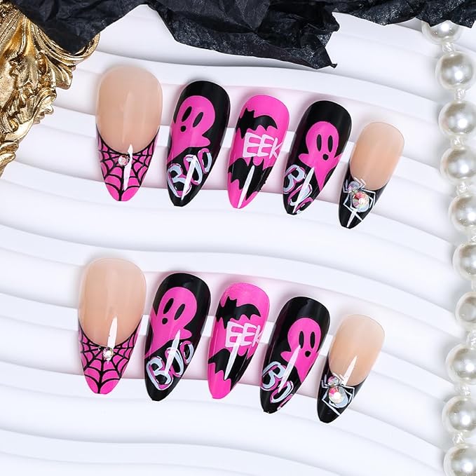 24Pcs Halloween Press on Nails Almond Medium NEWSPIED Hot Pink French Tip Fake Nails with Spiders Rhinestone Design Gothic Bat Ghost False Nails Cute Halloween Glue on Nails for Women Holiday Nail DIY