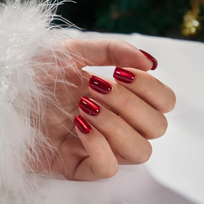 BTArtbox Press On Nails Red - Cat Eye Press On Nails Square for Gifts,Cherry Short Stick On Nails with Glue, Glossy Reusable Nail Tips in 15 Sizes - 30 Soft Gel Fake Nails Kit, Hot Love