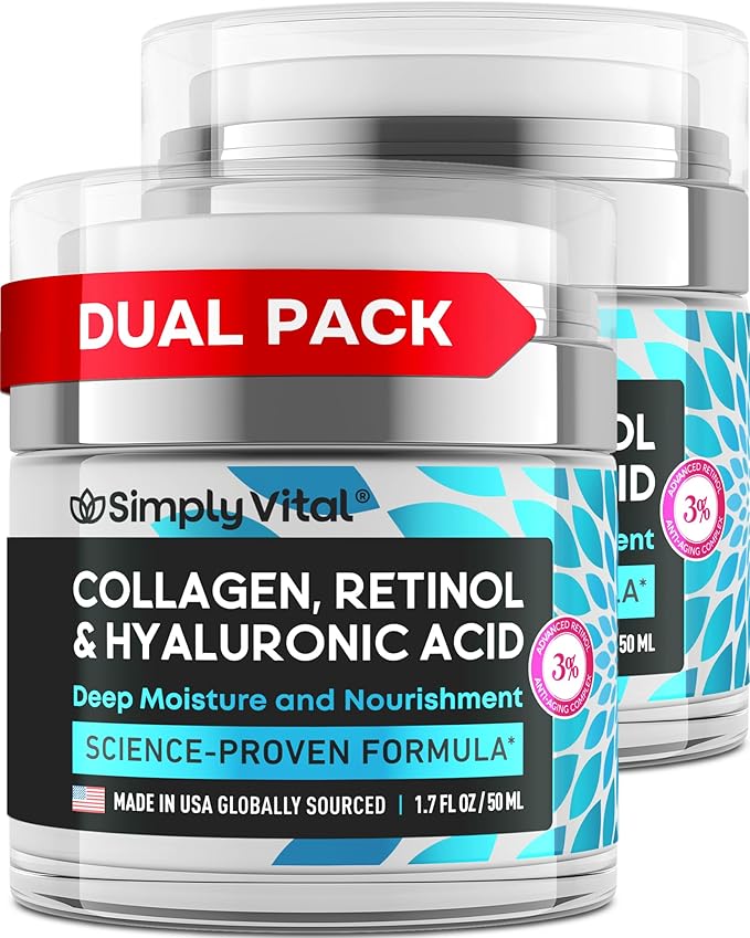SimplyVital Anti-Aging Collagen Retinol Cream for Face, Neck & Décolleté with Hyaluronic Acid - Made in USA, Daily Collagen, Retinol & Hyaluronic Acid Cream, 2-Pack
