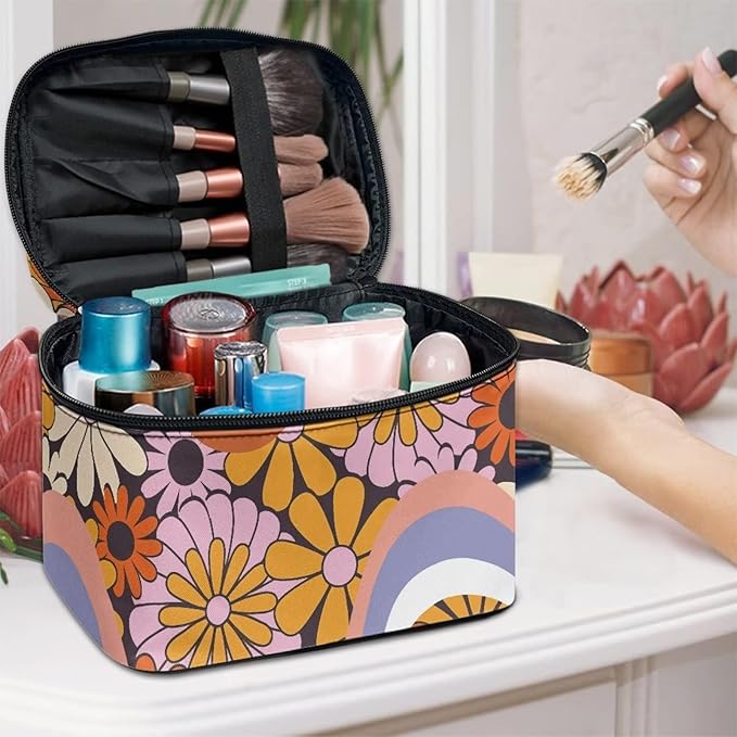 Hippie Daisy 70s 80s Wavy Swirl Design Makeup Bags for Women Large Capacity Toiletry Organizer Bags Portable Tote Cosmetic Pouch with Carry Handle and Brushes Slots Travel Sccessories