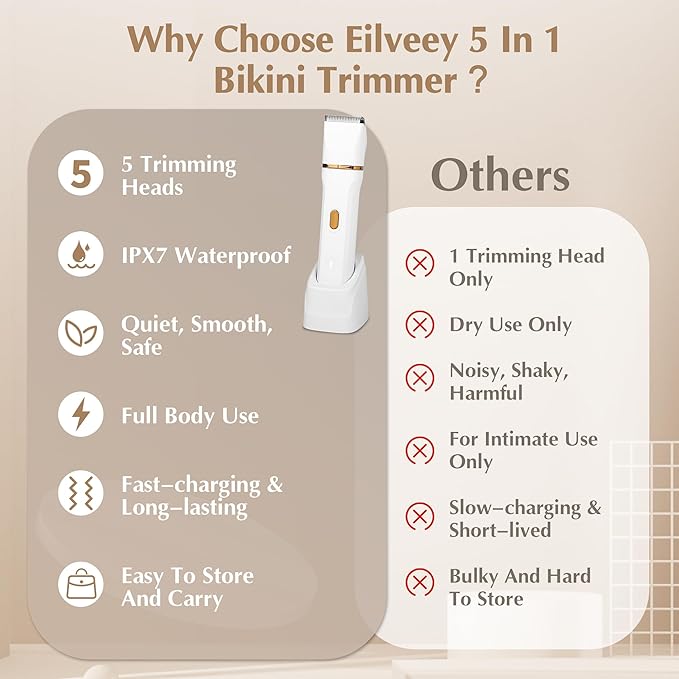 Electric Bikini Trimmer for Women - 5 in 1 Rechargeable Electric Razors for Women, IPX7 Waterproof Pubic Hair Trimmer, Painless Womens Body Shaver, Facial Razor & Nose Hair Shaver, White